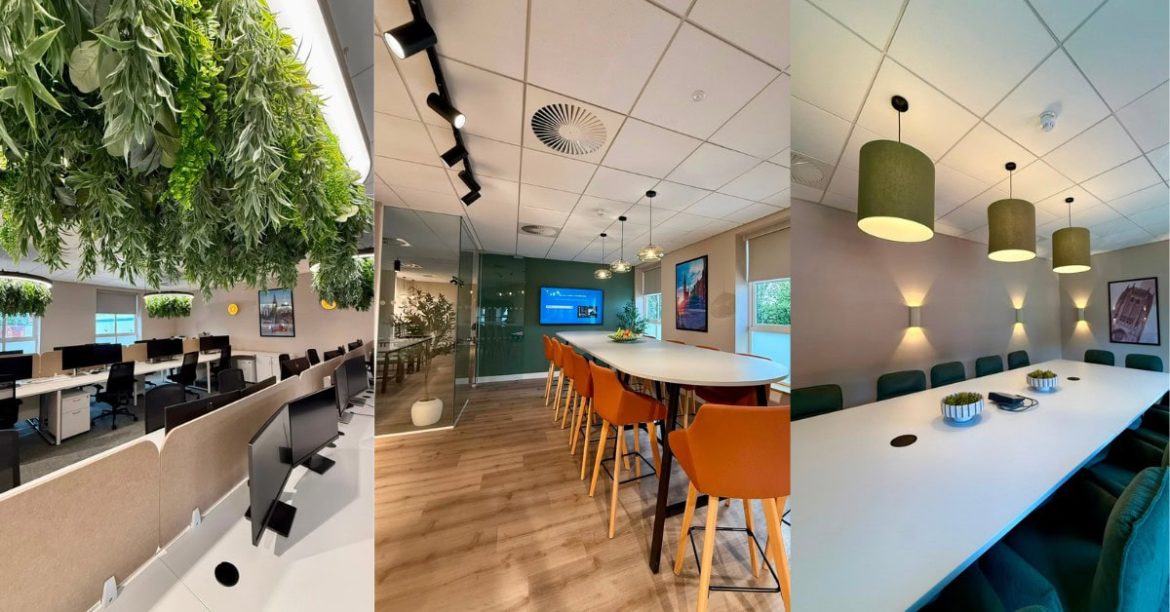 Three views of the completed Vestey Foods workplace, featuring open-plan workstations, meeting furniture and a staff breakout area.